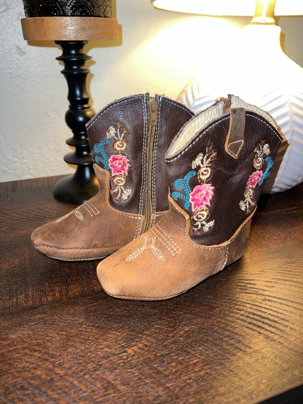 Embroidered Brown Leather Kids' Cowboy Boots - Pink Floral Accents